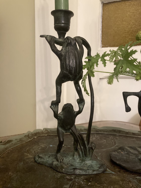 Image 1 of Vintage bronze candle holders, collectible frogs