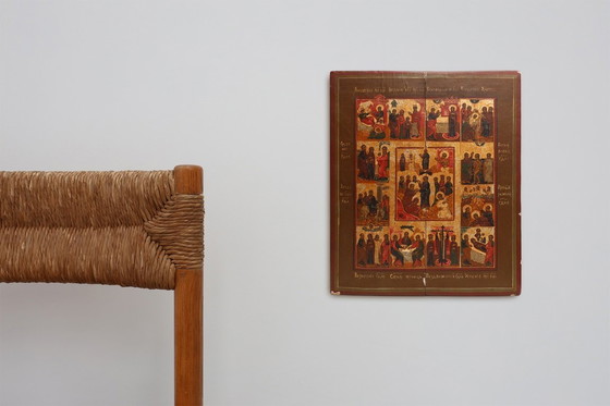 Image 1 of 19th-Century Russian Religious Icon of the Twelve Great Feasts, Hand-Painted on Wood