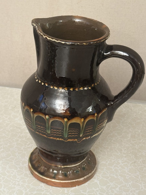 Vintage glazed pottery pitcher from Romania H 27 cm