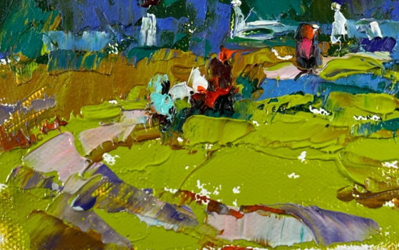 Image 1 of Origineel olieverfschilderij: Zomers boslandschap, een wandeling in het park.