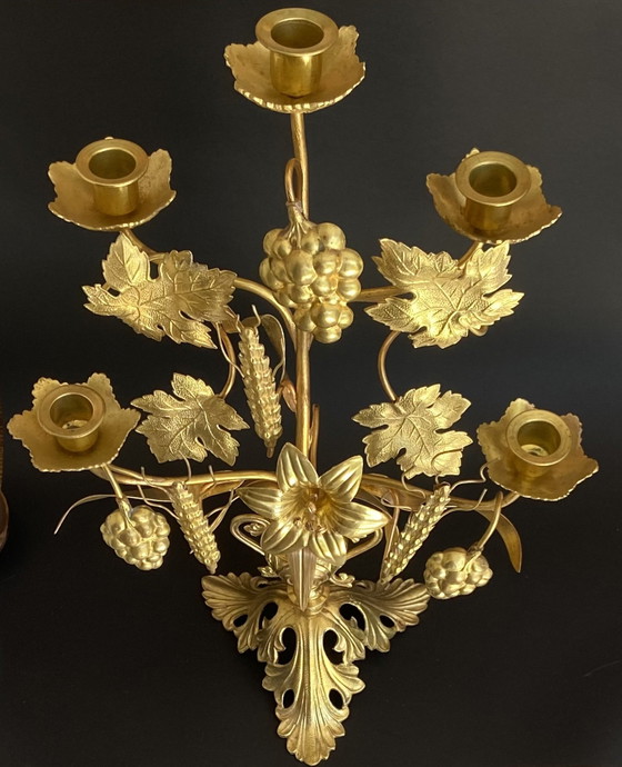 Image 1 of Candélabre ecclésiastique français ancien à motifs de raisins et de blé, 5 lumières, 49 cm