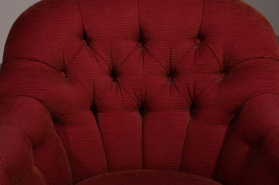 Image 1 of Pair of French Red fabric Button Back Armchairs 