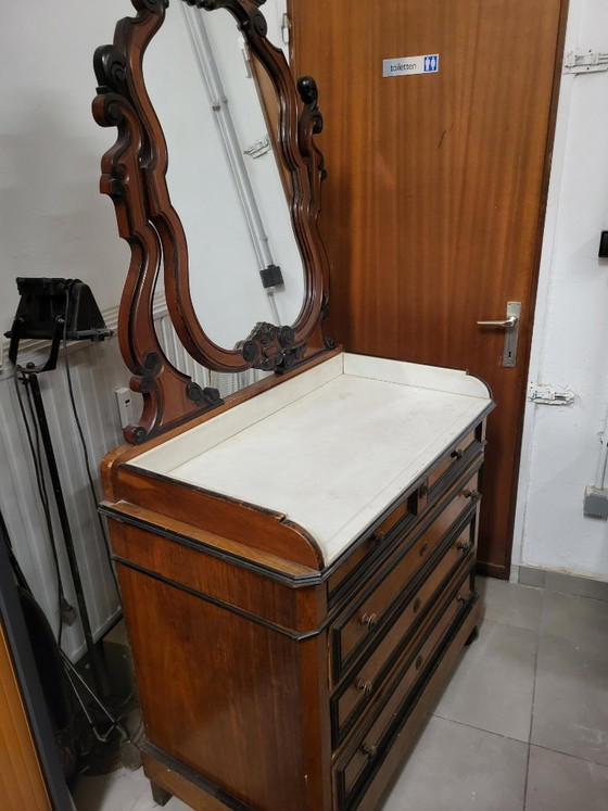 cómoda antigua con espejo y tablero de mármol, Tocadores, Vidrio, Negro (foto 4 de 5)