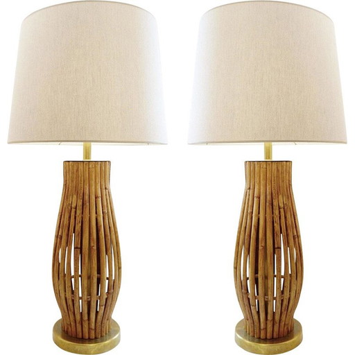 Par de grandes lámparas de mesa vintage de latón y bambú