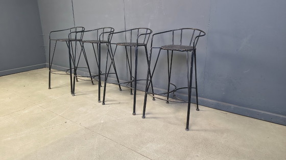 Image 1 of Tabourets de bar vintage en fer forgé et rotin, lot de 4 - années 1970