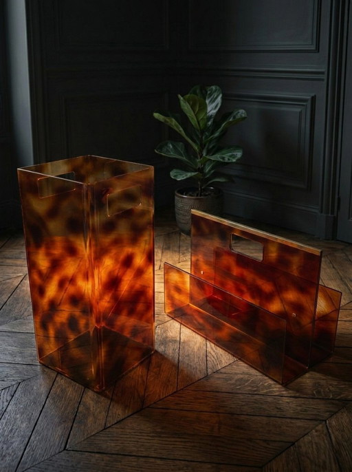 Michel Dumas Set – Magazine Rack & Umbrella Stand, Tortoiseshell Pattern (1970)