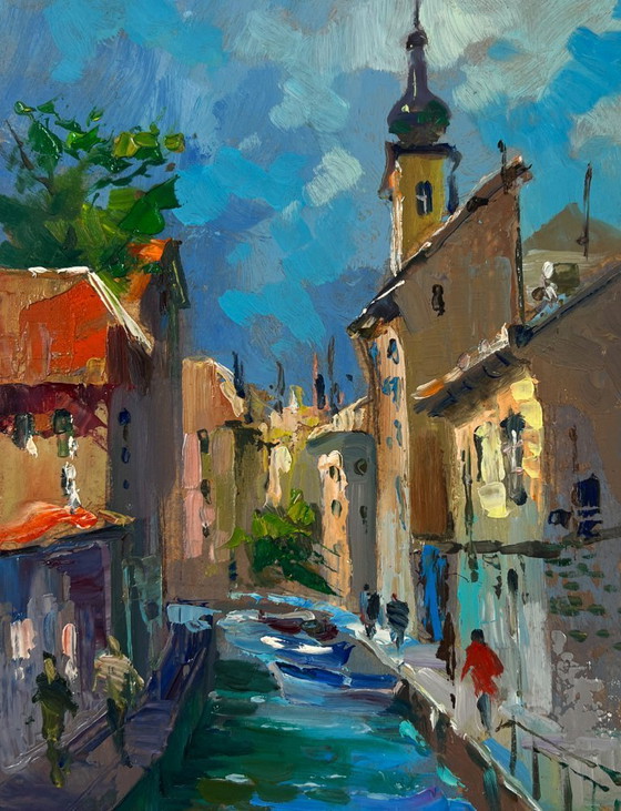 Image 1 of Original Oil Painting Coastal Houses Landscape History of the city street