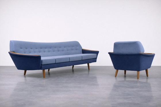 Image 1 of Vintage Mid-Century Scandinavian Modern Blue Velvet Living Room Set by Holm Fabriker AB, Set of 2, 1960s