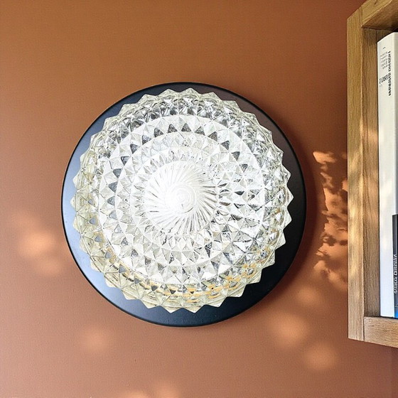 Image 1 of Portuguese round glass flush mount ceiling or wall lamp with black metal rim