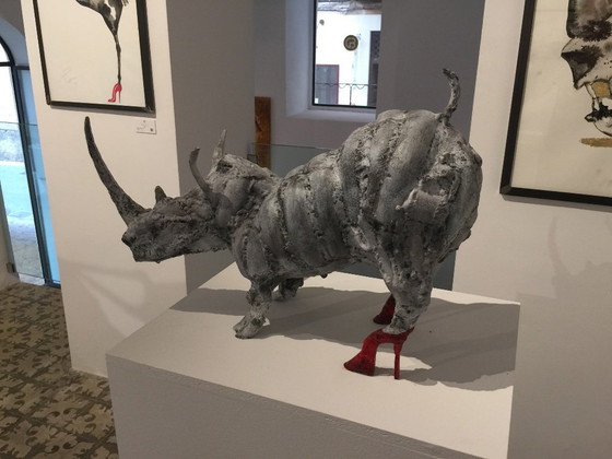 Image 1 of Bronze Rhinoceros statue with matching watercolor painting in cast iron frame