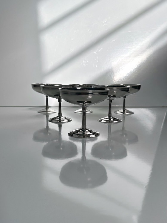 Image 1 of 6 cuencos de postre Guy Degrenne, estilo Art Déco de los años 80, Francia, cuenco para helado de acero inoxidable, taza con deco