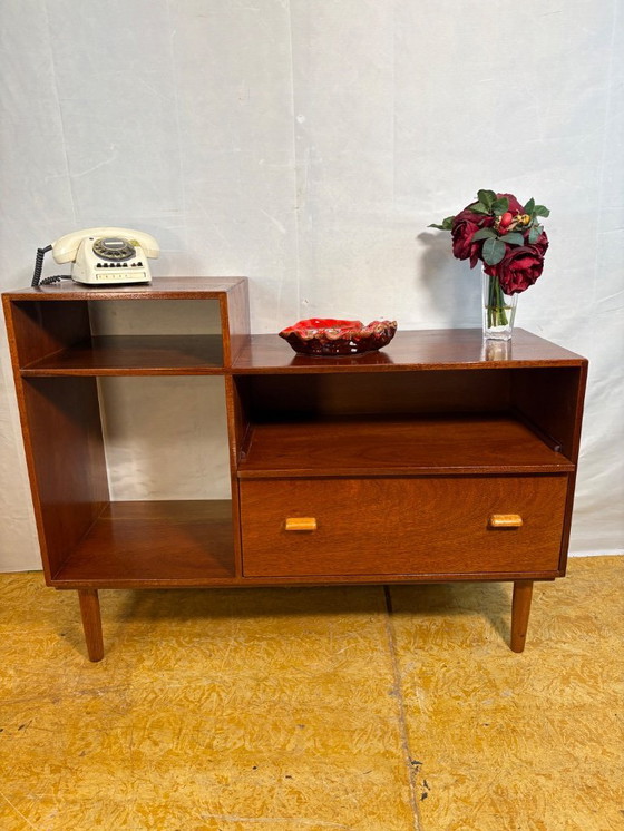 Image 1 of Mid Century Retro Teak Telephone Seat / Media Cabinet (Circa 1960)  A superb mid century vintage teak telephone seat dating from
