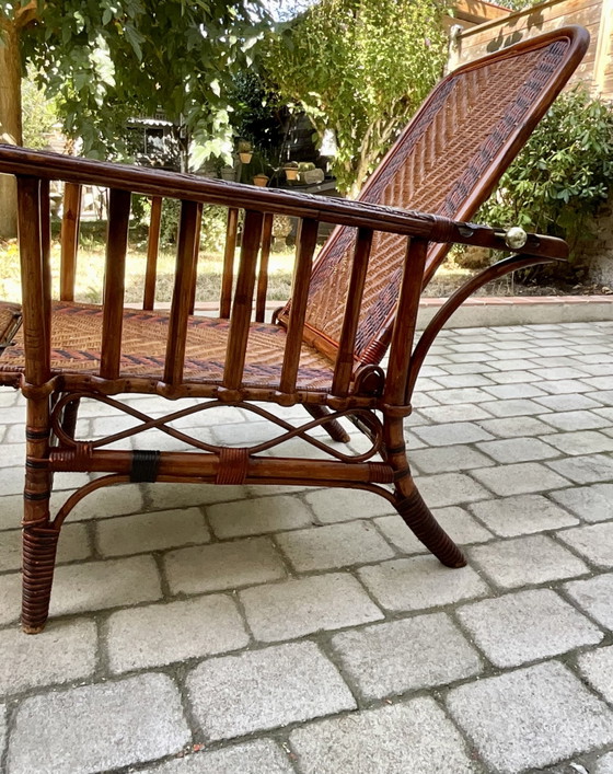 Antieke Verstelbare Rotan Chaise Longue Met Voetensteun, Vroege 20e Eeuw – Verstelbare relaxstoel, Bamboo (photo 4 of 12)