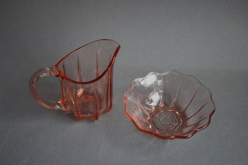 Art Deco Rosalinglas pressed glass pink milk sugar set with floral motif on the bottom