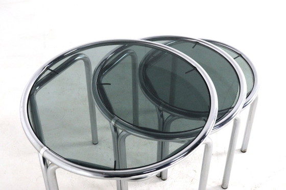 Image 1 of Italian round chrome nesting tables smoked glass vintage