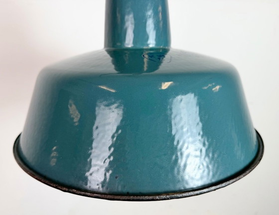 Image 1 of Industrial Petrol Enamel Factory Lamp with Cast Iron Top, 1960s