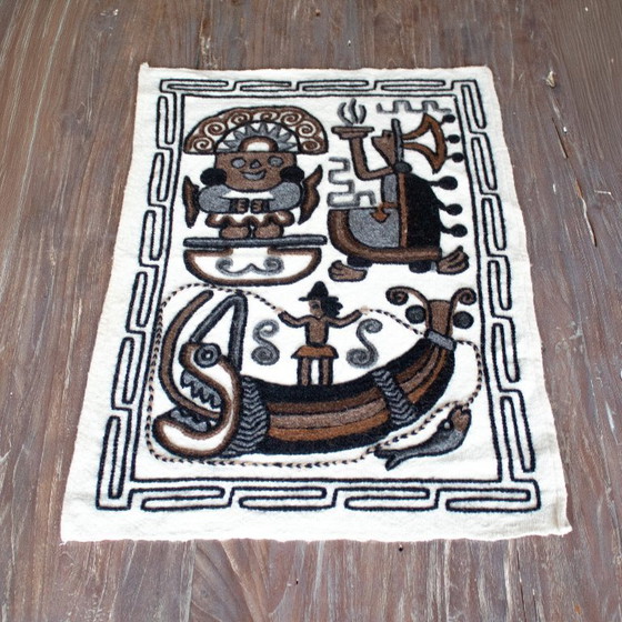 Image 1 of Vintage handgemaakt Latijns-Amerikaans wandtapijt: Maya Azteekse volkskunst, wollen geborduurd wandkleed