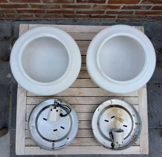 Image 1 of 2 Vintage Bauhaus-style ceiling lamps, matte white opaline glass shade