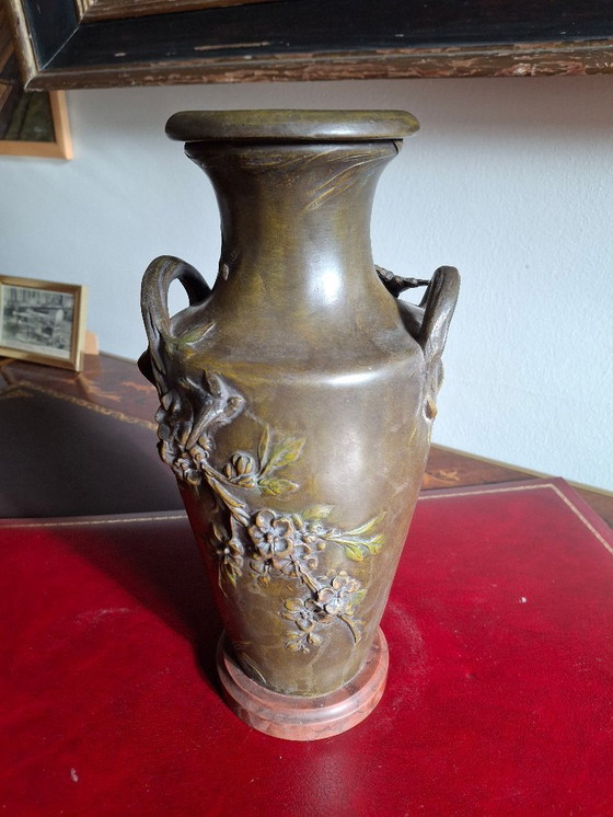 Image 1 of Pair of Art Nouveau spelter vases with triple patina, signed Louis and François Moreau