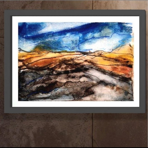 Big storm climes over the hills, mixed media watercolor with pastel on watercolor paper.