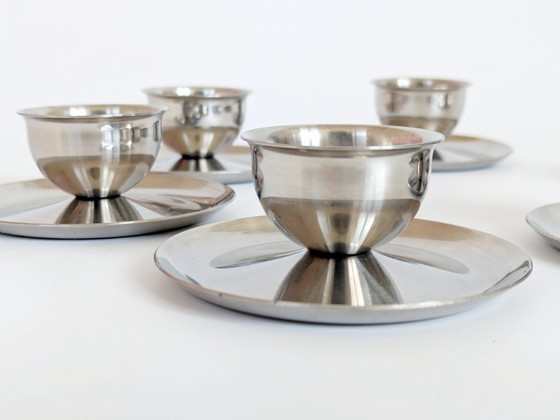 Image 1 of Set of 6 Vintage Polaris Norway Stainless Steel Egg Cups, Scandinavian Tableware