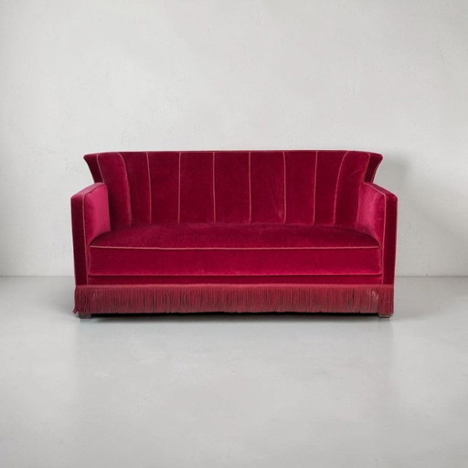 1960s, Danish 2-Seater Sofa, Red Furniture Velour, Ash Wood Legs