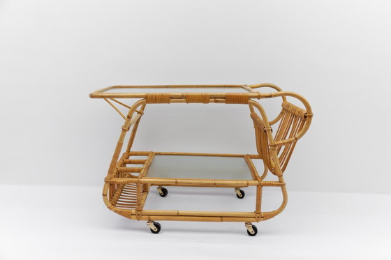 Image 1 of Carrello da portata italiano in bambù, rattan e vetro, anni '50