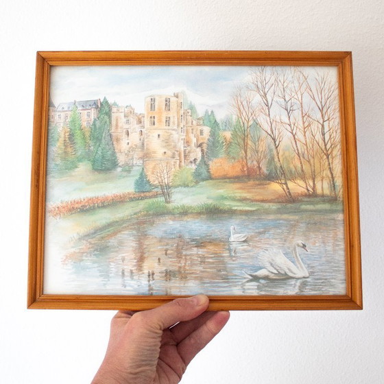 Image 1 of Aquarelprint van kasteel Beaufort Luxemburg, door Bernadette Voz, ingelijst