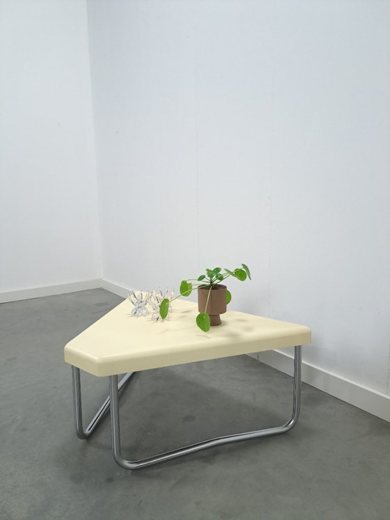 Image 1 of Space age triangular plastic table with chrome tubular frame legs