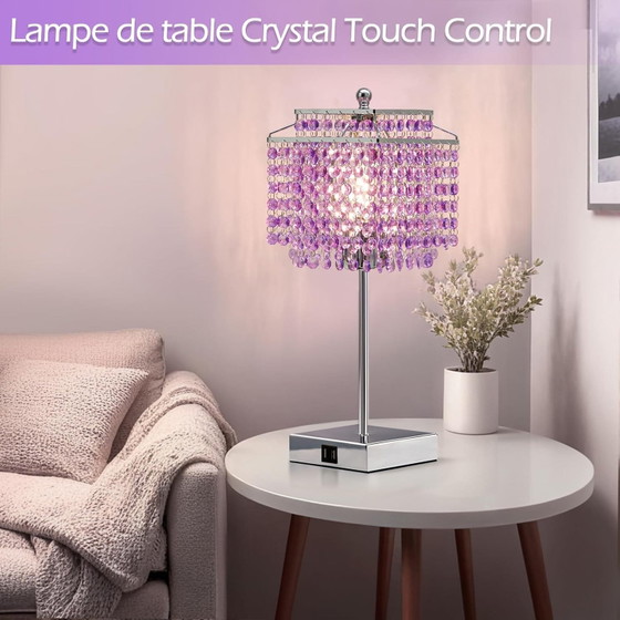 Paarse Touch Kristallen Lamp, 2 USB Poorten, Lamp Inbegrepen, Tafellampen, Modern (foto 7 van 7)