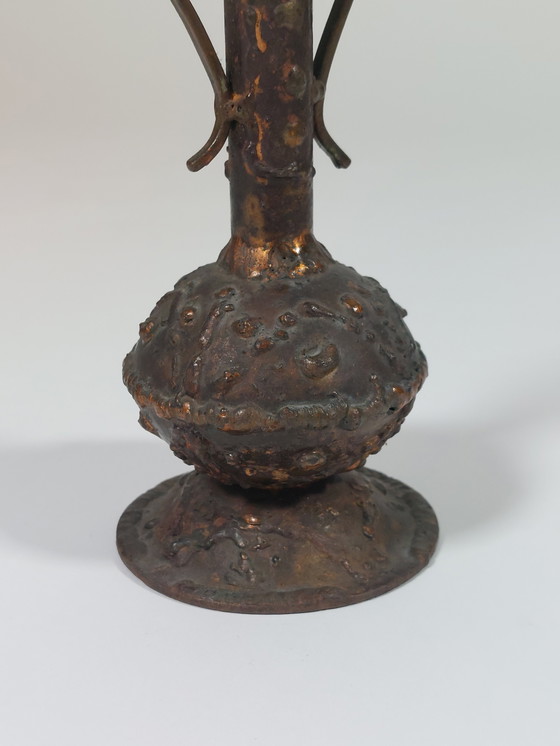 Image 1 of Brutalist vintage mid-century copper handled vase, vase melts