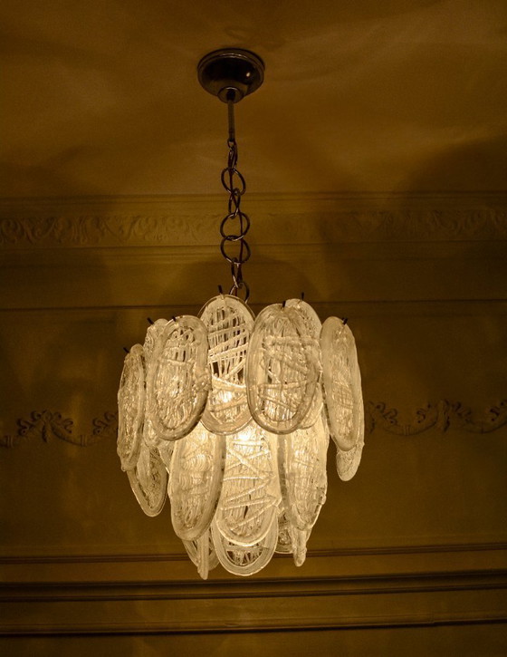 Image 1 of Lustre vintage en verre de Murano, suspension Mazzega Leaf, luminaire chromé style années 50