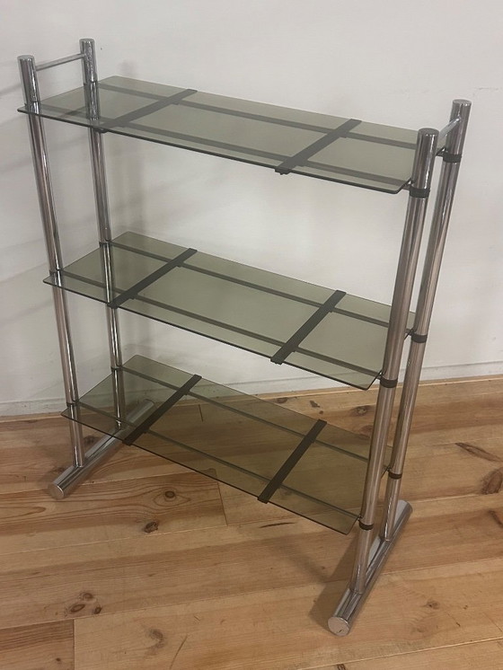 Image 1 of Portaoggetti anni Settanta in cromo con vetro fumé