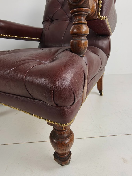 Pair of Antique Library Chairs - Original William Morris & Co Edinburgh Stamped Armchairs – Leather (photo 11 of 18)