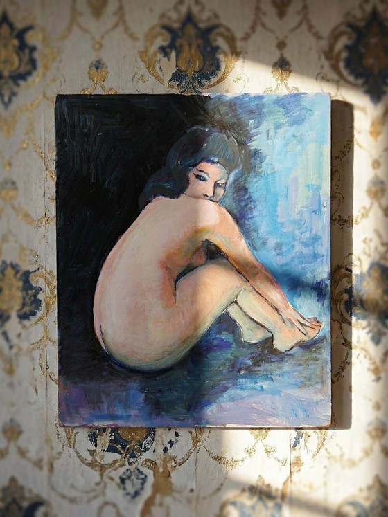 Image 1 of Large painting of a nude woman from behind, modern oil on panel, vintage style