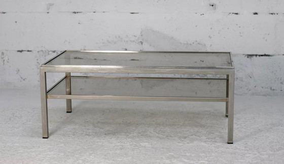 Image 1 of Tavolino da caffè a due ripiani in acciaio e vetro fumé