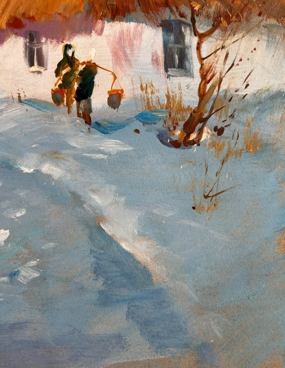 Image 1 of Original Oil Painting Winter Village Landscape Snowy village yard
