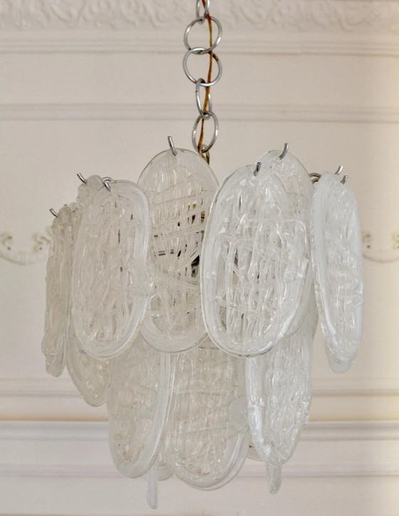 Vintage Kroonluchter van helder Murano glas met bladeren, chromen Italiaanse hanglamp, jaren 70 (photo 2 of 10)