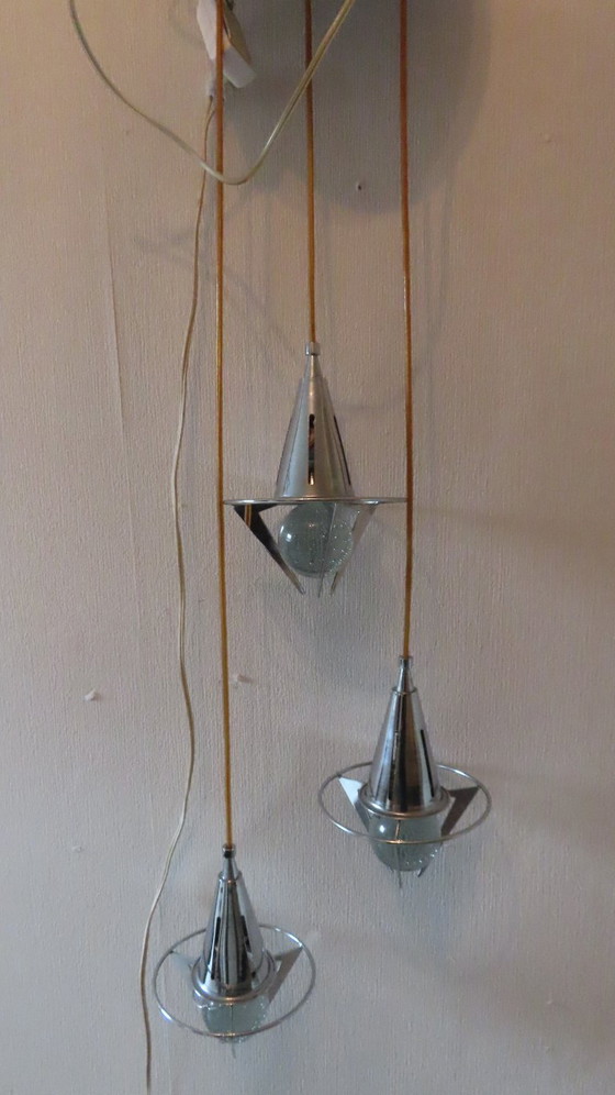 Image 1 of Lampada a sospensione vintage a cascata con 3 sfere di vetro