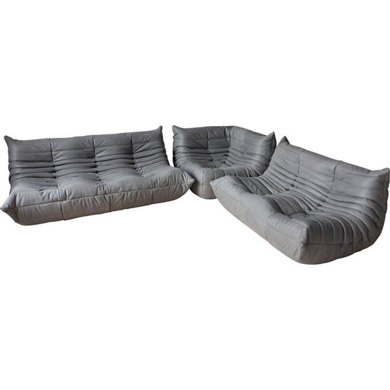 Image 1 of Togo vintage loungeset in grijs leer van Michel Ducaroy voor Ligne Roset, Frankrijk 1970