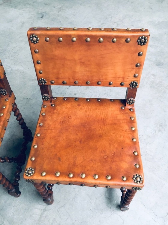 Image 1 of Englische Cromwell-Stühle aus hellbraunem Leder und Eiche, frühes 20. Jahrhundert