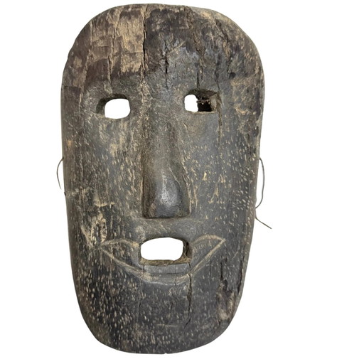 Antigua Máscara de Chamán de Madera Ancha Decoración de Pared – Talla Labial Geométrica – Región del Himalaya – 26 cm