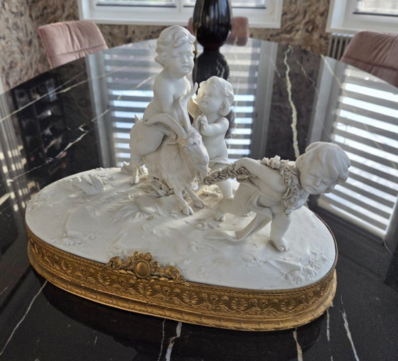 Image 1 of Sculpture - Biscuit - Groupe avec Puttis et bouc de la fin du 19ème siècle (ref 3770)
