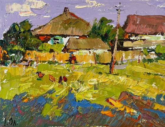 Image 1 of Origineel olieverfschilderij: Zomerdorplandschap, ontspanning vlakbij huis