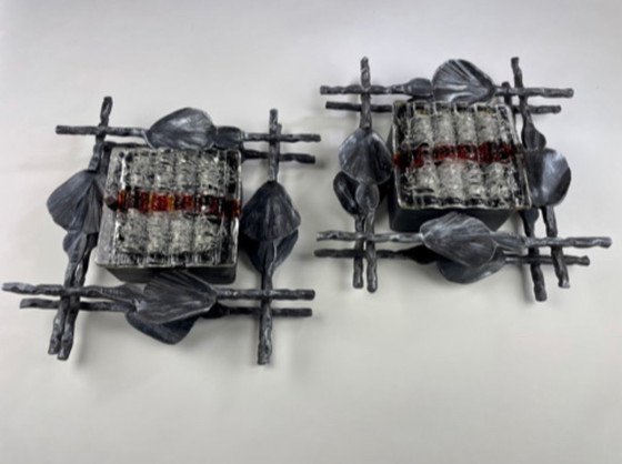 Image 1 of Pair of Brutalist wall sconces – Hand-Forged iron with Artistic glass – Italy 1960s–70s