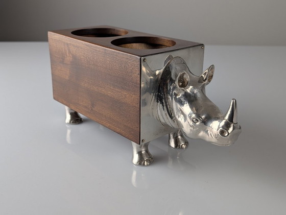 Image 1 of Almazán Rhino Bottle Holder, Mid-Century Modern Wood & Nickel Silver, 1960s