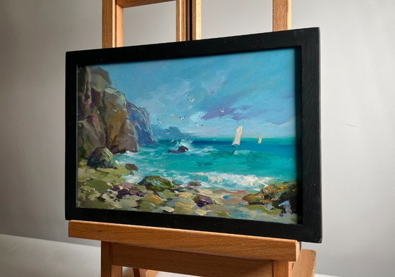 Image 1 of Original Oil Painting Coastal Sea Landscape Seagulls flying over the sea