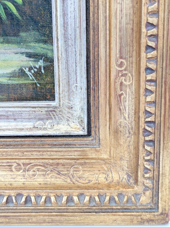 Image 1 of Peinture à l'huile florale ancienne sur toile dans un cadre doré orné, signée par l'artiste