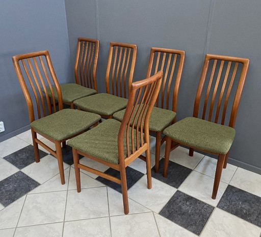 6 sedie da pranzo in teak di Kai Kristiansen per Schou Andersen Denmark – eetkamerstoelen, Textile, Wood