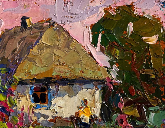 Image 1 of Original Oil Painting Summer Flowers Landscape Mallows are blooming in the garden